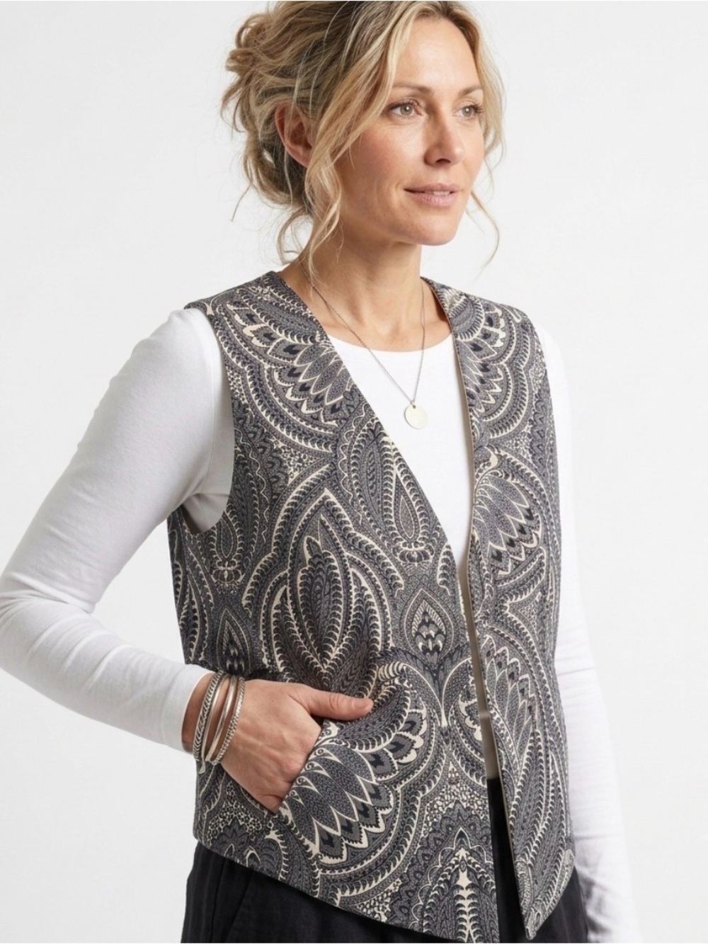 Handmade Reversible Boho Paisley Vest Black White Grey Est L/XL Festival Layers